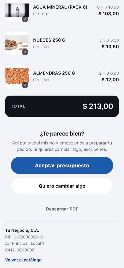 Presupuesto que recibe el cliente, con el botón para aceptarlo