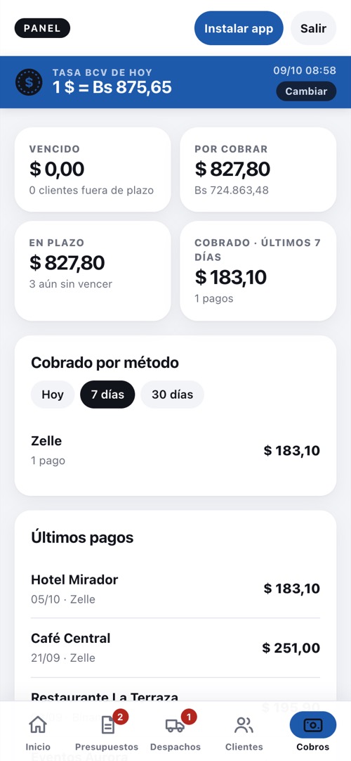 Pantalla del sistema: Cobros