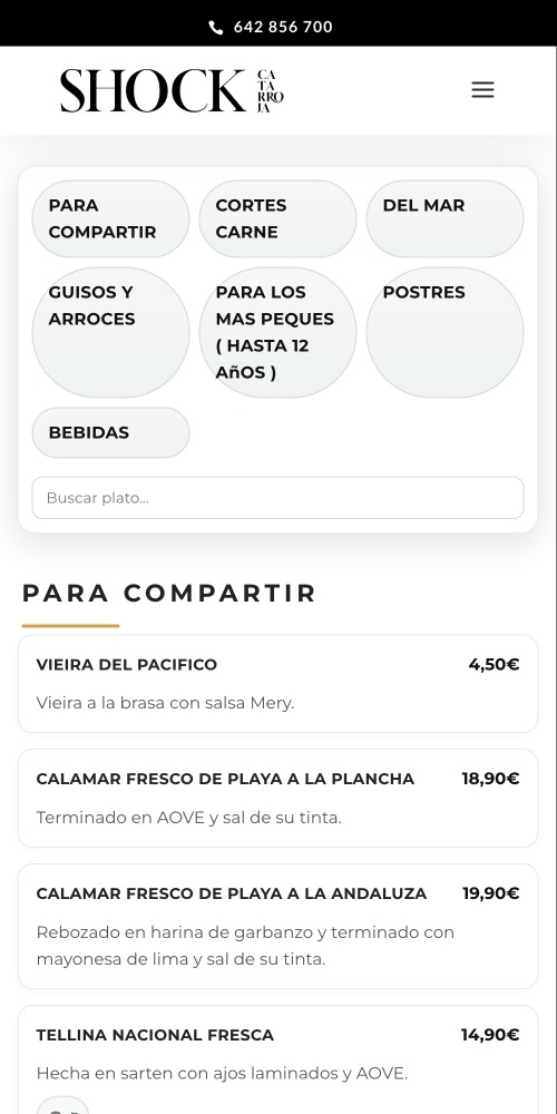 Carta digital de SHOCK Catarroja con categorías y buscador